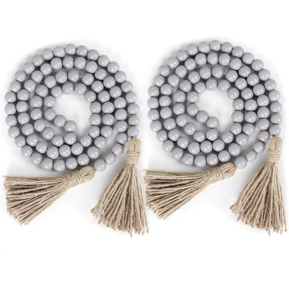 Rustic Boho Farmhouse Modern Cute Grey Beads/Wood Tie Tassel Garland Home Decor - Picture 5 of 5